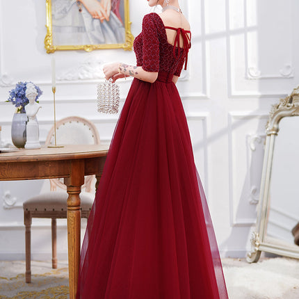 Wine Red Long Sleeve Evening Dress