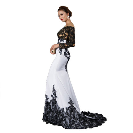 Embroidered Lace Maxi Dress With Fish Tail