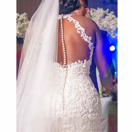 Vintage Lace Beaded Halter Bridal Wedding Gown – Floor-Length Tulle
