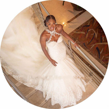 Vintage Lace Beaded Halter Bridal Wedding Gown – Floor-Length Tulle