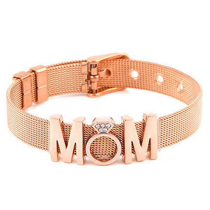 Mothers Day Stainless Steel Diamond Crown Letter Bracelet