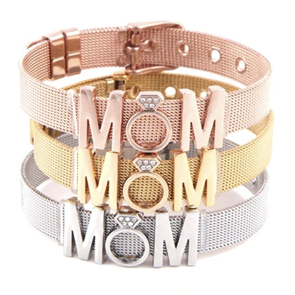 Mothers Day Stainless Steel Diamond Crown Letter Bracelet