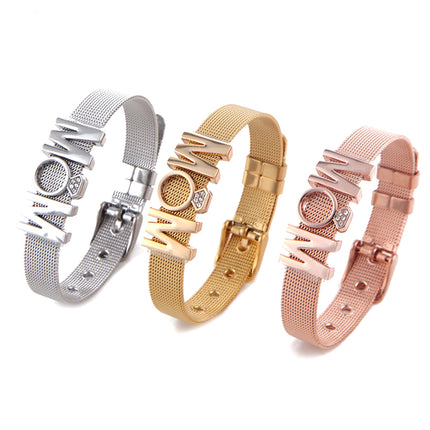 Mothers Day Stainless Steel Diamond Crown Letter Bracelet