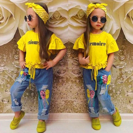 Girls 3-Piece Jeans Set | T-Shirt, Jeans & Hairband (80–130cm)
