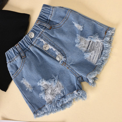 Girls 2 Piece Ripped Denim Shorts Suit