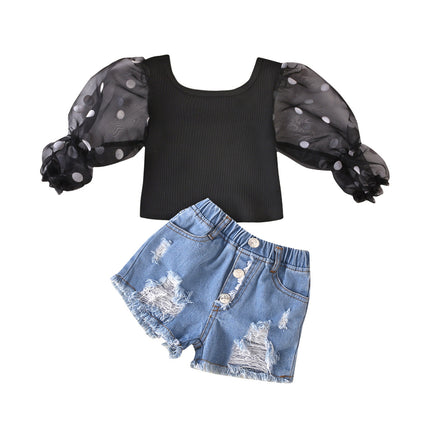 Girls 2 Piece Ripped Denim Shorts Suit