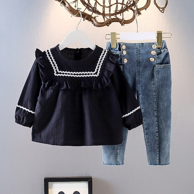 Girls Smart 2-Piece Doll Collar Jeans Suit