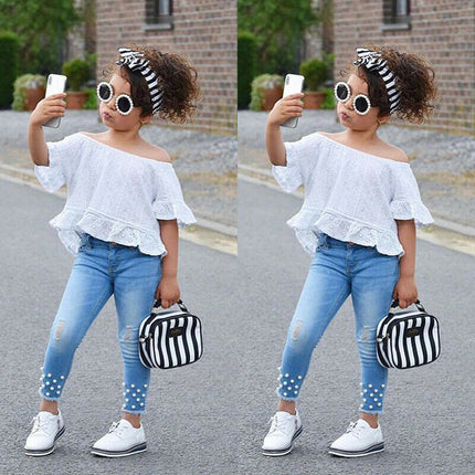 Girls Fluffy 2-Piece Ripped Jeans Set