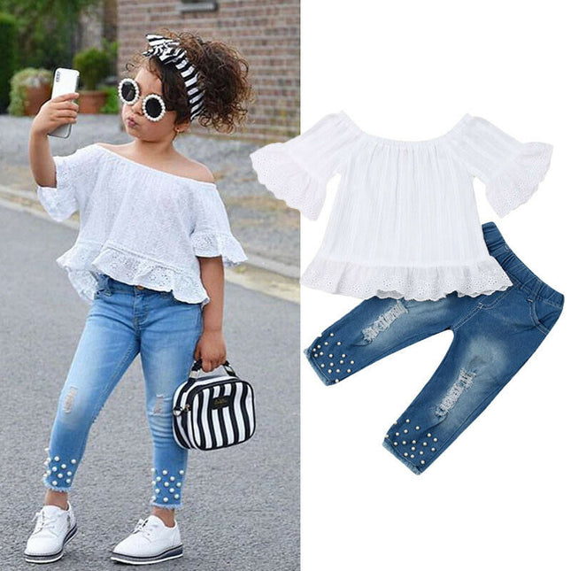 Girls Fluffy 2-Piece Ripped Jeans Set