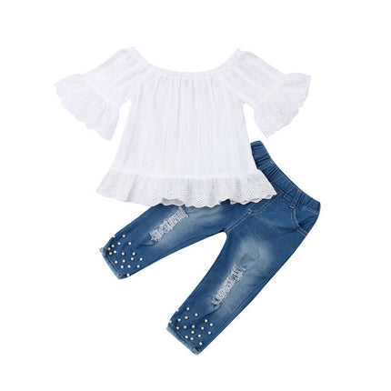 Girls Fluffy 2-Piece Ripped Jeans Set