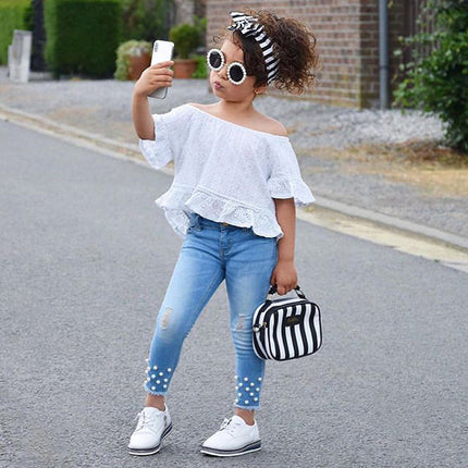 Girls Fluffy 2-Piece Ripped Jeans Set