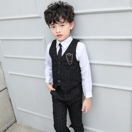 Boys Plaid Vest Suit Set with Brooch