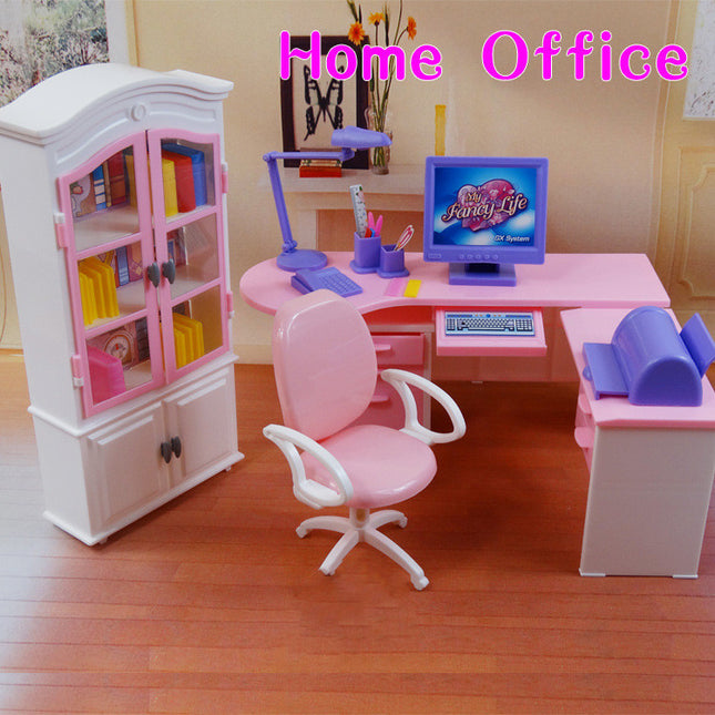 Miniature Doll Office Furniture Set – Computer Desk & Bookcase for Dollhouse