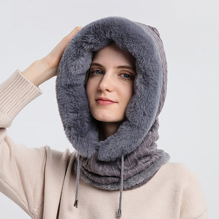Winter Thick Hooded Wind-Proof Plush Hat With Scarf For Women