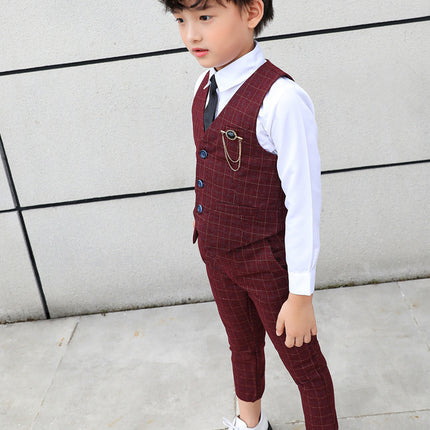 Boys Plaid Vest Suit Set with Brooch