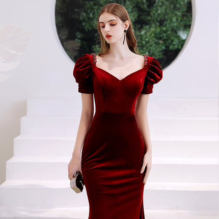 Wine Red Velvet Fishtail Evening Dress