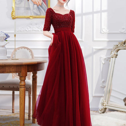Wine Red Long Sleeve Evening Dress