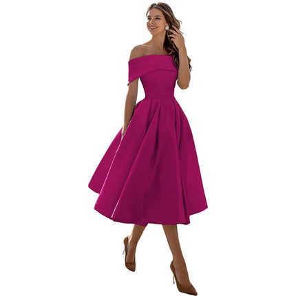 Women's Fashion Strapless Off The Shoulder Satin Party Dress With Pockets