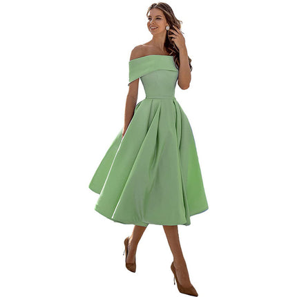 Women's Fashion Strapless Off The Shoulder Satin Party Dress With Pockets