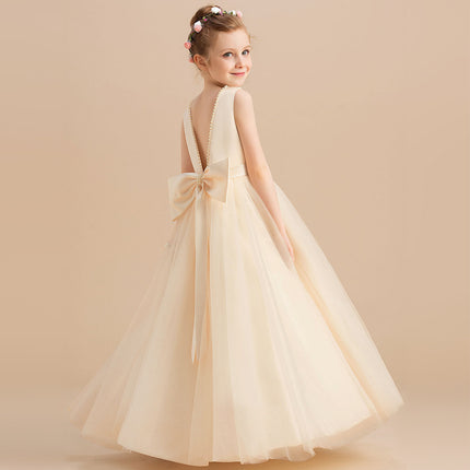 Girls' Beaded Princess Dress – Sleeveless Bow Gown for Kids