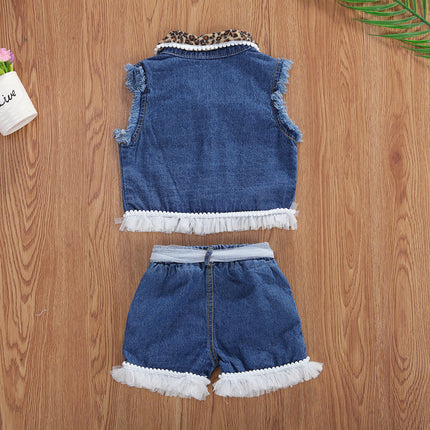 Girls Trendy 2-Piece Denim & Leopard Print Set
