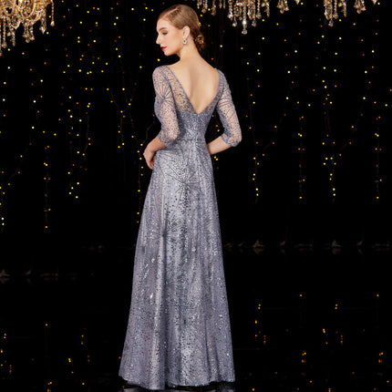 Women's Silver Grey Long Stage Concert Evening Dress