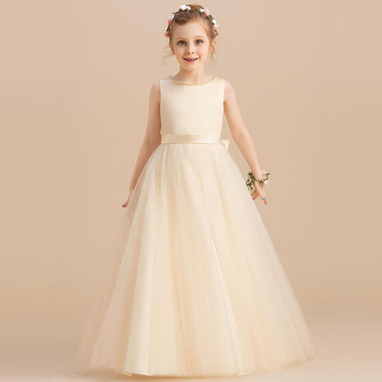 Girls' Beaded Princess Dress – Sleeveless Bow Gown for Kids