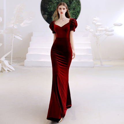 Wine Red Velvet Fishtail Evening Dress