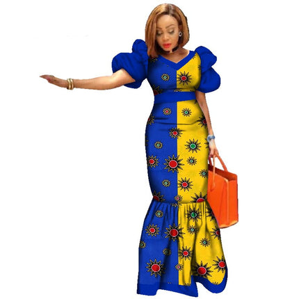 Women's Elegant Puff Sleeve African Print Maxi Dress