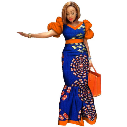 Women's Elegant Puff Sleeve African Print Maxi Dress