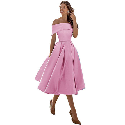 Women's Fashion Strapless Off The Shoulder Satin Party Dress With Pockets