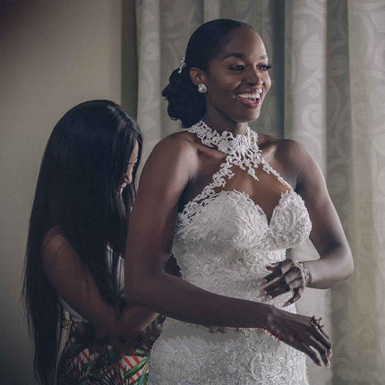 Vintage Lace Beaded Halter Bridal Wedding Gown – Floor-Length Tulle