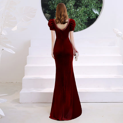 Wine Red Velvet Fishtail Evening Dress