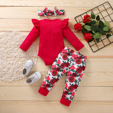 Girls 3-Piece Cotton Romper Suit | Floral & Letter Print with Ribbon (70–100cm)