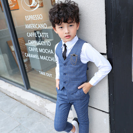 Boys Plaid Vest Suit Set with Brooch