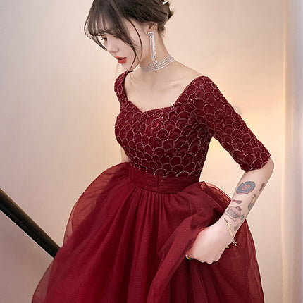 Wine Red Long Sleeve Evening Dress