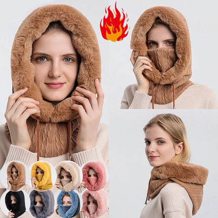 Winter Thick Hooded Wind-Proof Plush Hat With Scarf For Women