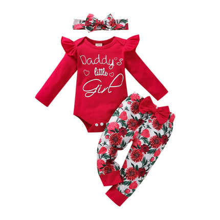 Girls 3-Piece Cotton Romper Suit | Floral & Letter Print with Ribbon (70–100cm)