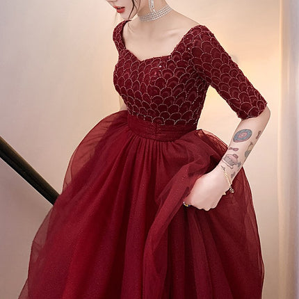 Wine Red Long Sleeve Evening Dress