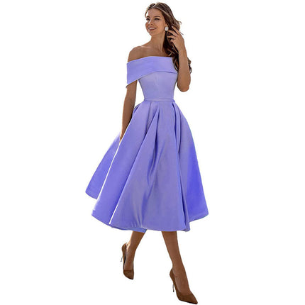 Women's Fashion Strapless Off The Shoulder Satin Party Dress With Pockets