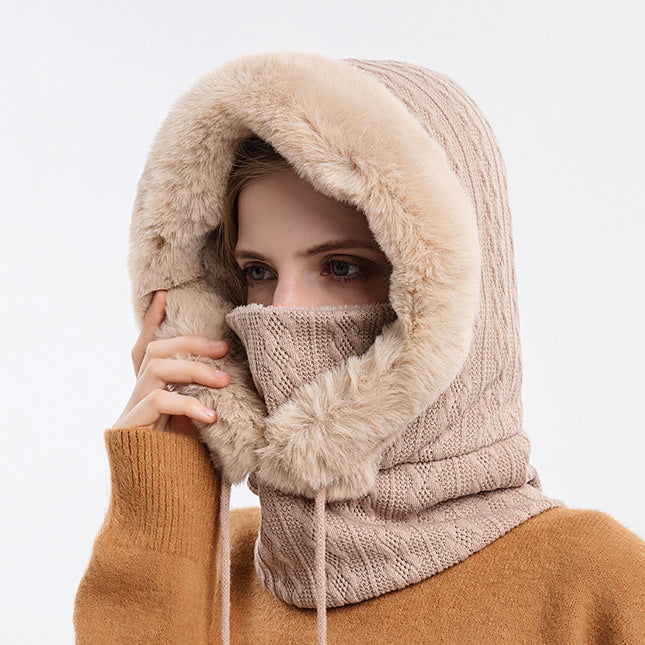 Winter Thick Hooded Wind-Proof Plush Hat With Scarf For Women