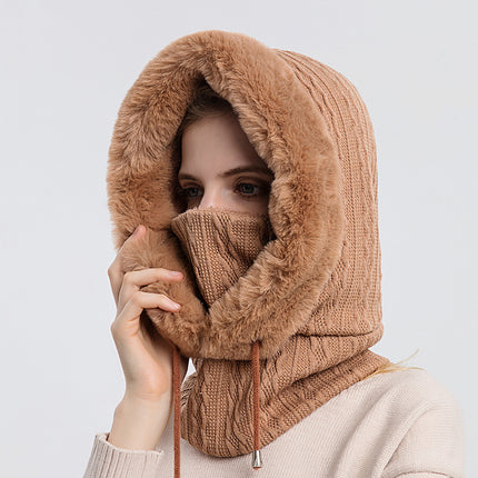 Winter Thick Hooded Wind-Proof Plush Hat With Scarf For Women