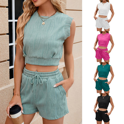 Women's 2-piece Round Neck Sleeveless Top And Drawstring Design Shorts