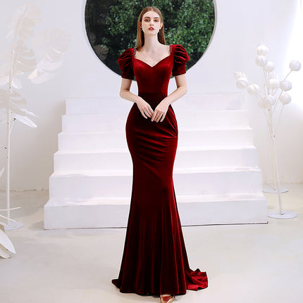 Wine Red Velvet Fishtail Evening Dress