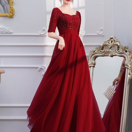 Wine Red Long Sleeve Evening Dress