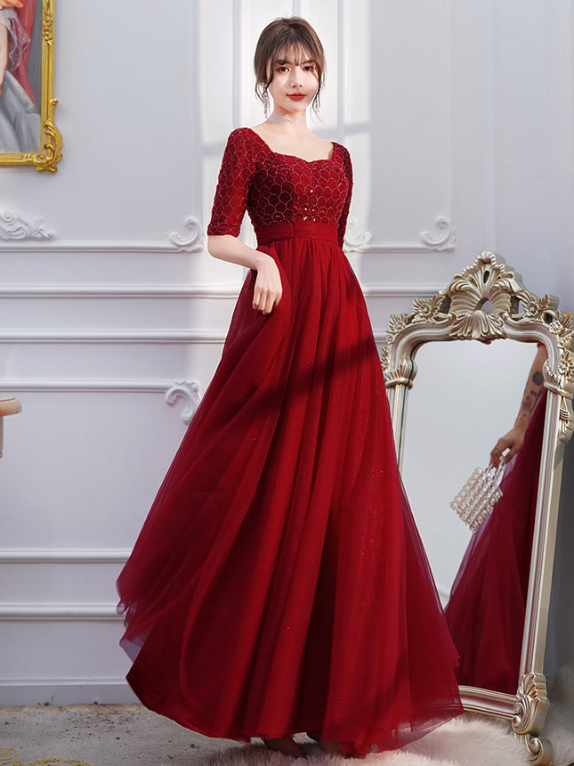 Wine Red Long Sleeve Evening Dress