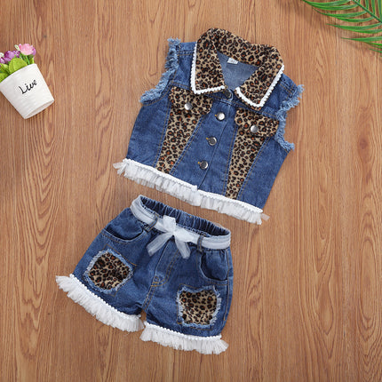 Girls Trendy 2-Piece Denim & Leopard Print Set