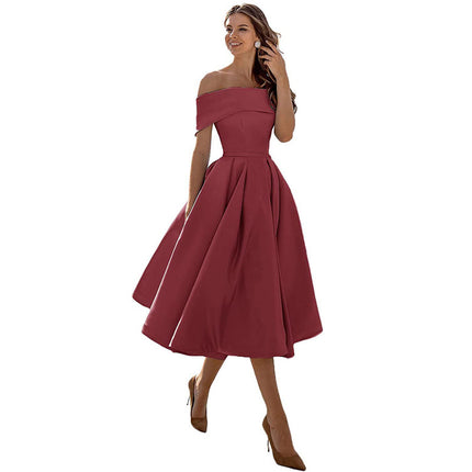 Women's Fashion Strapless Off The Shoulder Satin Party Dress With Pockets