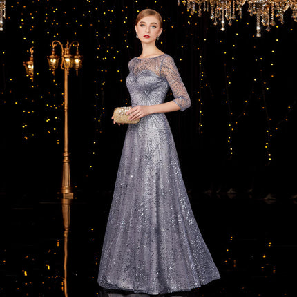Women's Silver Grey Long Stage Concert Evening Dress
