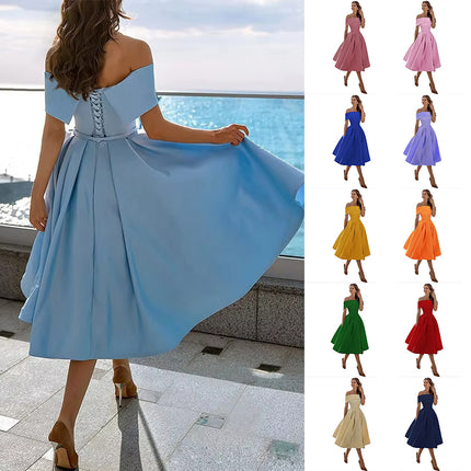 Women's Fashion Strapless Off The Shoulder Satin Party Dress With Pockets